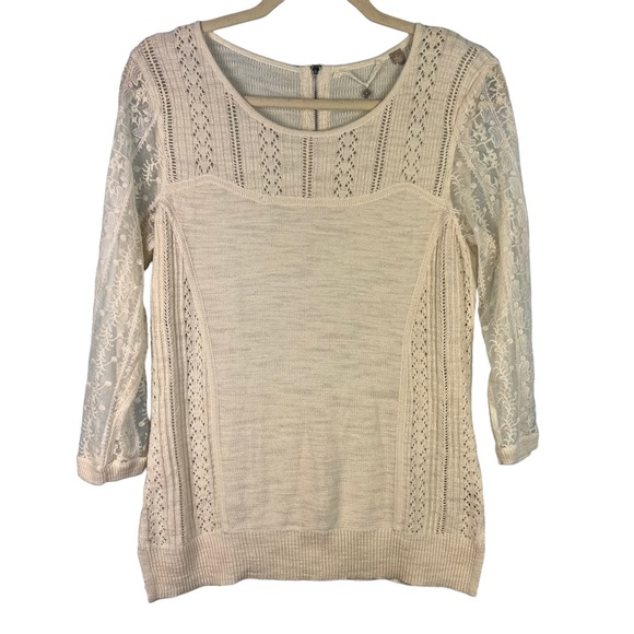 Anthropologie Knitted Knotted Surrey Pullover Top Ivory Lace Size M Casual Cozy - Picture 4 of 10